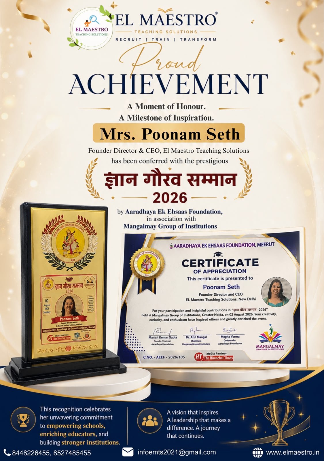 Mrs. Poonam Seth Honoured with the Prestigious Gyan Gaurav Samman 2026
